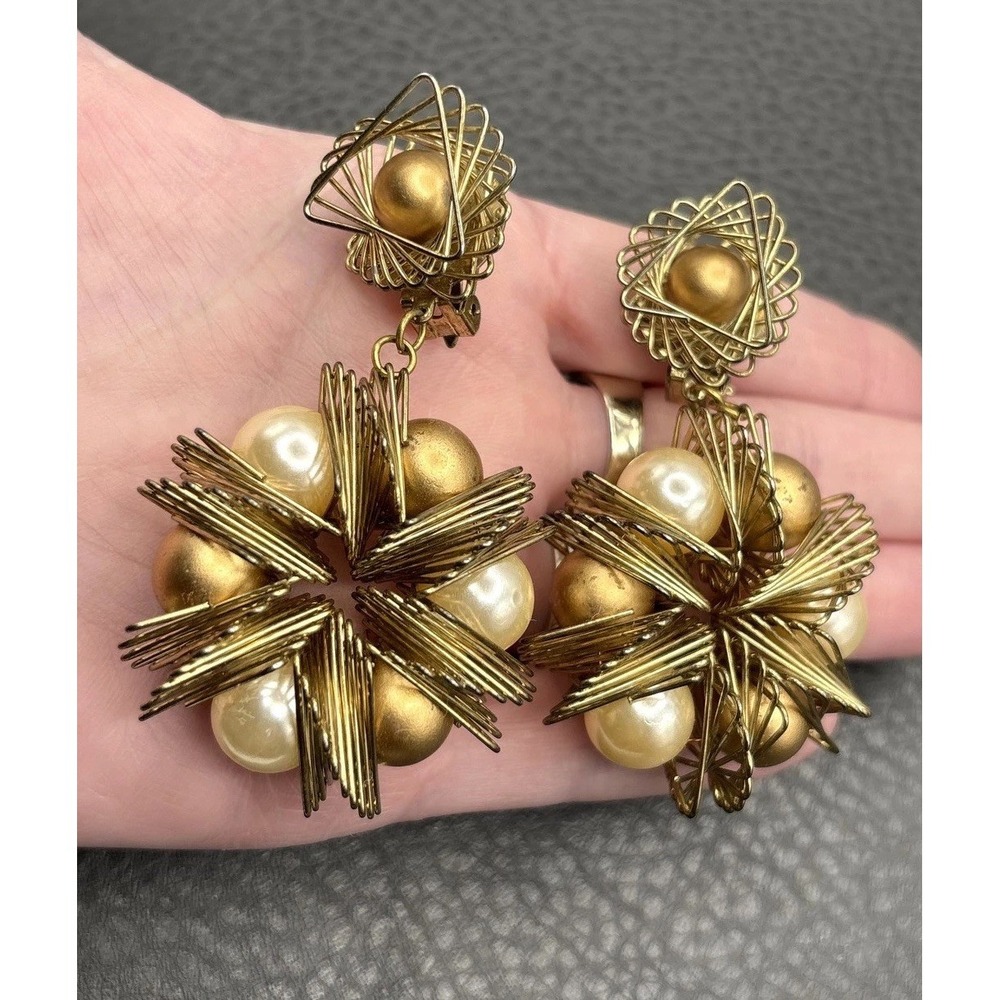 Vintage Huge 80s Gold Tone Faux Pearl Dangle Earrings Atomic Starburst Runway